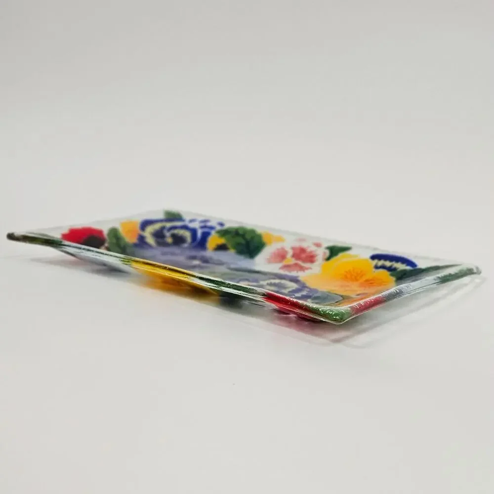Vintage Peggy Karr Pansies Fused Art Glass Rectangular Tray | 1990s Trinket Dish